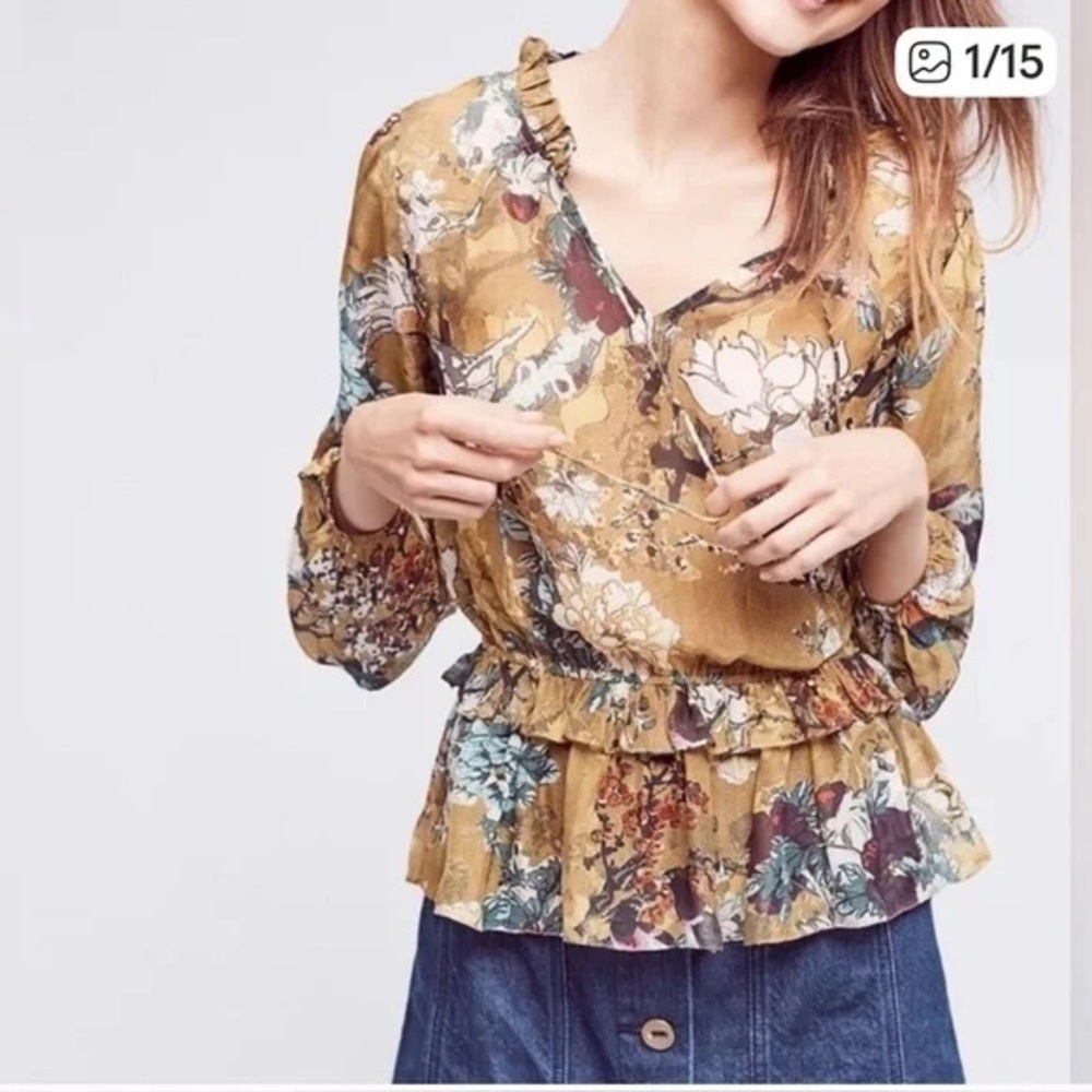 Hemant & Nandita Women’s floral and bird print silk peplum blouse Size S